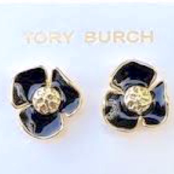 🆕 Tory Burch Authentic Small Black Resin Fleur & Gold Tone Logo Stud Earrings - Picture 12 of 12